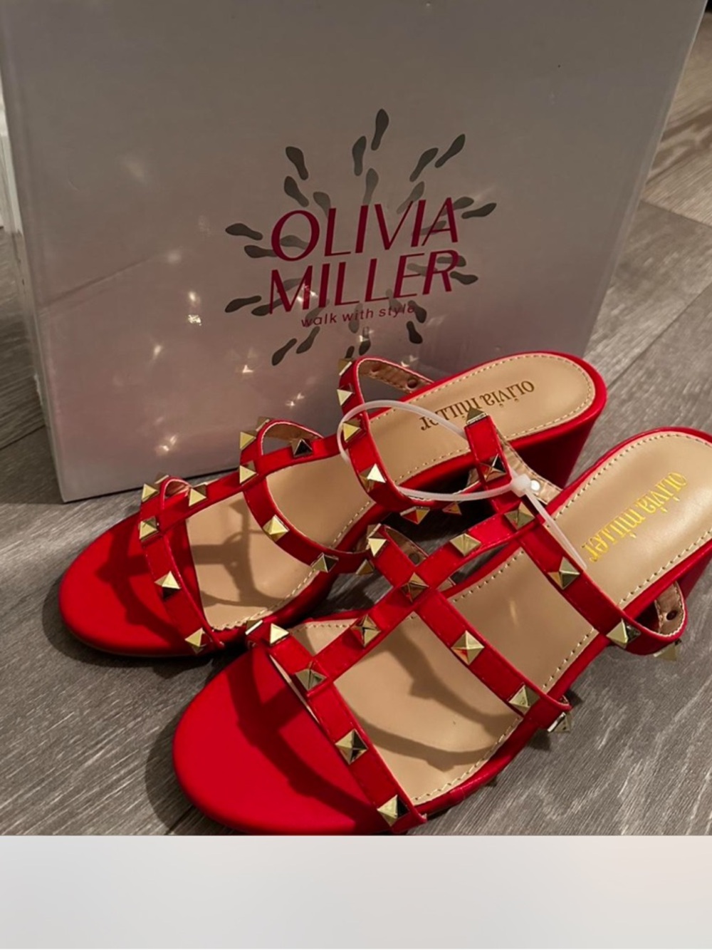 Olivia Miller Red Pyramid-Stud Strappy Block Heels